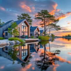 Obraz premium Lakeside cabins at sunset