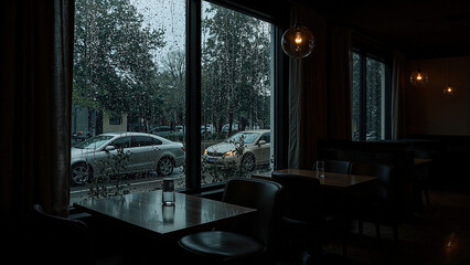 Dim caf interior with rainy window and soft jazz.