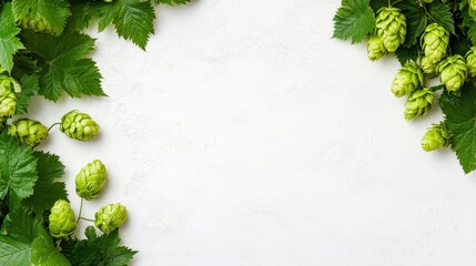 Fresh green hops and leaves top view