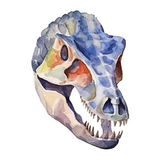 Watercolor Tyrannosaurus Rex Skull with Blue and Orange Hues
