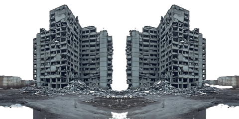 Symmetrical destruction and decay, a testament to urban devastation and post-apocalyptic landscapes