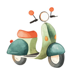 Watercolor Vintage Scooter with Teal and Orange Accents