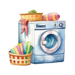Watercolor Washing Machine with Laundry Basket and Towels Still Life