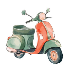 Watercolor Vintage Scooter Illustration Green and Orange Hues