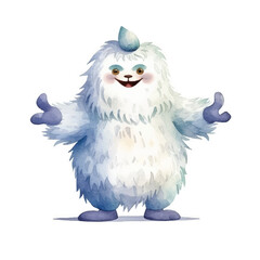 Watercolor Yeti with Fluffy Fur and Friendly Expression Smiling and Welcoming