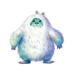 Watercolor Yeti with Fluffy Fur and Smiling Face Standing Proudly