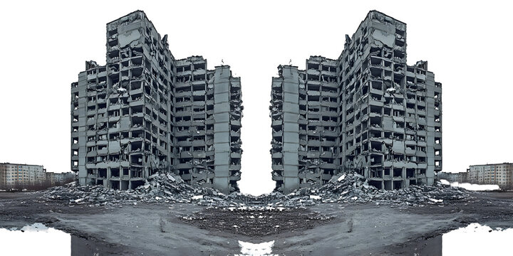 Symmetrical destruction and decay, a testament to urban devastation and post-apocalyptic landscapes