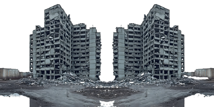 Symmetrical destruction and decay, a testament to urban devastation and post-apocalyptic landscapes