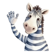 Watercolor Zebra with Striped Outfit Waving Hello