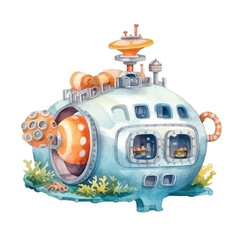 Whimsical Underwater Submarine with Orange Port and Coral