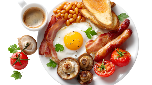 Delicious English Breakfast Bacon, Sausages, Eggs, Beans, Toast