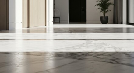 A bright interior space with marble flooring and a potted plant near a black door in the background