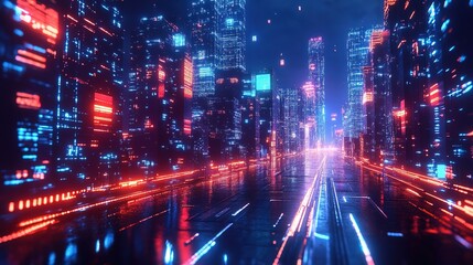A neon-lit smart city where AI-powered idea hubs connect in real time 