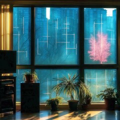 Urban indoor scene with a window view