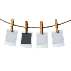 Four blank instant photos hanging on rope isolated on transparent background