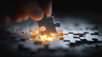A hand places the final puzzle piece, illuminating the completed section with a warm glow.
