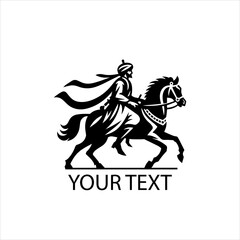 Fototapeta premium Muslim Hero on Horse Vector Logo in Black and White Isolated on White Background