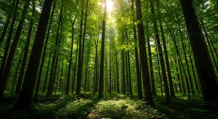 Sunlight filters through tall trees in a dense green forest