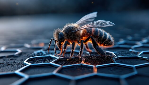 Honeybee on futuristic honeycomb