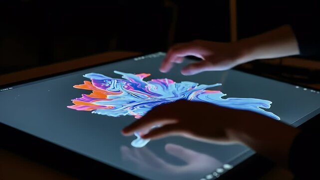 Interactive digital art display with colorful abstract shapes. Hands interacting with a responsive touchscreen