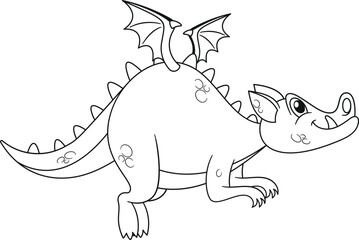 Cute flying dragon black-and-white vector illustration