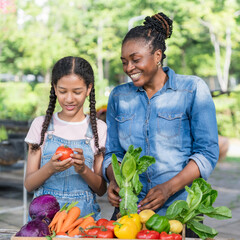 Happy black farmer mother and daughter on vegetable farm for agriculture, business growth and...