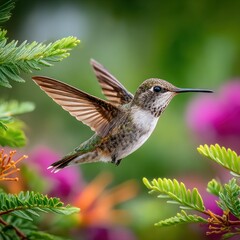 Fototapeta premium Hummingbird in flight amidst foliage