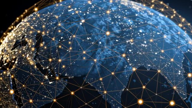 Earth globe illuminated by network of lights, showcasing interconnected cities and transportation routes at night, symbolizing global connectivity and technology