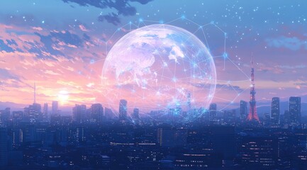 Global connection in a futuristic cityscape at dawn