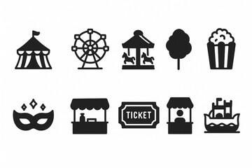 Amusement park outline icons - funfair, carnival, and festival symbols in line style: carousel horse, ferris wheel, clown, shooting gallery, teddy bear booth, food truck, circus tent, spin wheel.