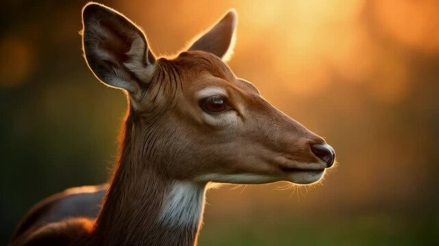Close up of a deer with large ears looking at the camera in a golden light setting outdoors video