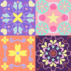 Vibrant digital pastel Rangoli pattern with a symmetrical artwork, geometric design reminiscent of Paint art.Festive backgrounds, cultural decorations, and celebrations.