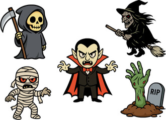 cartoon character halloween cute horror icon vector set sticker AI Generate	