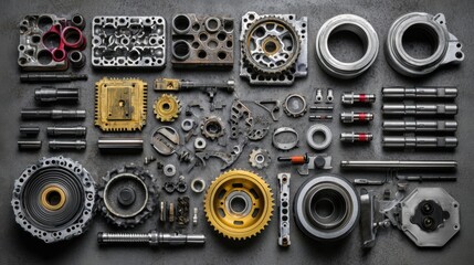 Flat composition of internal combustion engine parts laid on concrete grey background