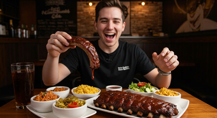 Food vlogger leaning over a table full of BBQ ribs and sides, holding one saucy rib up towards the camera