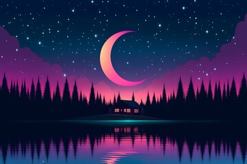 Fototapeta premium A beautiful crescent moon shines over the forest at night