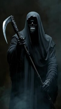 Dark hooded grim reaper with skull face and scythe in smoke, horror fantasy character, full body vie