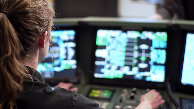 Electronic Countermeasures Technician Works With Advanced Tactical Systems At Control Panel with Multiple Screens Displaying Complex Data During Modern Warfare Operations