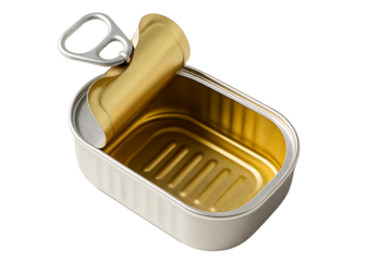 Empty Opened Rectangular Metal Can - Blank Sardine Tin Mockup - Food Packaging Template Isolated transparent background 