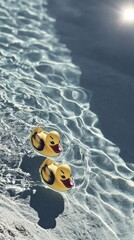 Obraz premium Two yellow rubber ducks floating in a pool