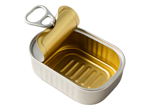 Empty Opened Rectangular Metal Can - Blank Sardine Tin Mockup - Food Packaging Template Isolated transparent background 