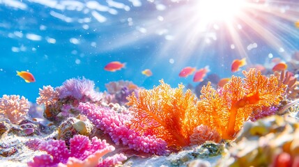 Fototapeta premium Underwater Coral Reef Ecosystem with Colorful Corals and School of Fish in Clear Blue Water with Sun Rays