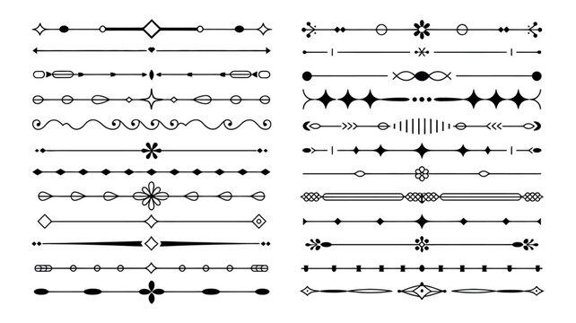 Set of black decorative line dividers with simple vintage ornaments and geometric vector designs
