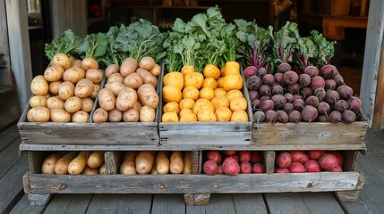Various Root Vegetables on Wooden Pallet Display Featuring Potatoes Radishes and Beets with Vibrant Greens
