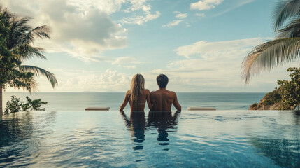 Couple lounges poolside near the beach, embracing luxury and romance on vacation. 