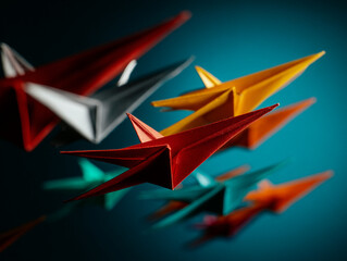 A vibrant array of origami paper airplanes in red, yellow, green, and silver against a blue background