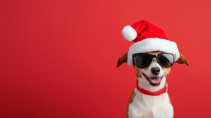 Festive Santa Dog, playful canine in sunglasses and hat, cheerful holiday spirit, vibrant red backdrop, perfect for Christmas greetings