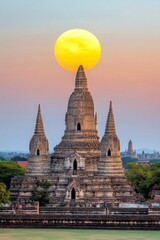 Fototapeta premium Vibrant retro poster showcasing Thailand's iconic temples, featuring intricate designs, bold colors, and a stunning sunset backdrop.