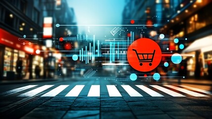 Digital shopping cart symbol is over a pedestrian crosswalk