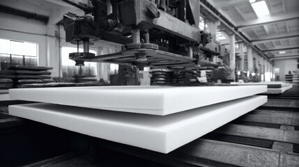 Industrial machine pressing layers of foam in a health mattress production process